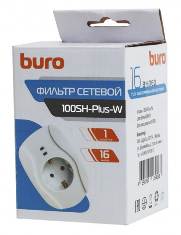Сетевой фильтр Buro 1р (белый) (100SH-plus-w) - фото в интернет-магазине Арктика