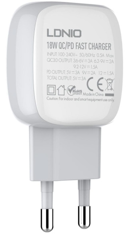 Зарядное устройство LDNIO A2313C 2 USB Кабель Type-C+QC 3.0 18W White LD_B4549* - фото в интернет-магазине Арктика