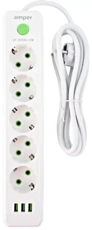Удлинитель Amper JH-1033U-2W 2,0м, 5 розеток, 10А, 2500 Вт, 3usb, белый - фото в интернет-магазине Арктика
