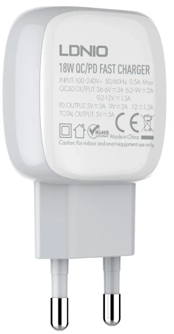 Зарядное устройство сетевое LDNIO A2313C 18W USBx2+Type-C White (LD_B4549) - фото в интернет-магазине Арктика