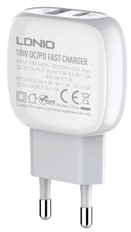 Зарядное устройство сетевое LDNIO A2313C 18W USBx2+Type-C White (LD_B4549) - фото в интернет-магазине Арктика
