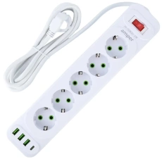 Удлинитель Amper JH-1083U-2W 2,0м, 5 розеток, 10А, 2500 Вт, 3usb,1Type-C, белый - каталог товаров магазина Арктика