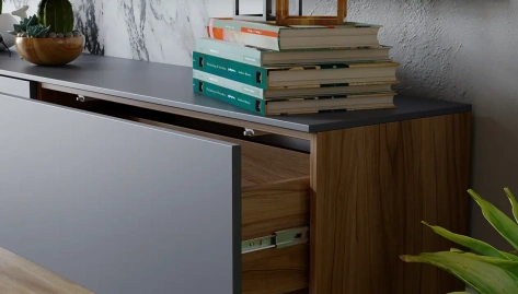 Гостиная "Порто" ТД-393.03.11 тумба ТВ (Яблоня Беллуно/Графит софт) - Три Я - фото в интернет-магазине Арктика