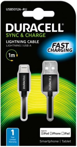 Кабель Duracell Lightning MFI 1m TPU Fast charging black USB5012A-RU - фото в интернет-магазине Арктика