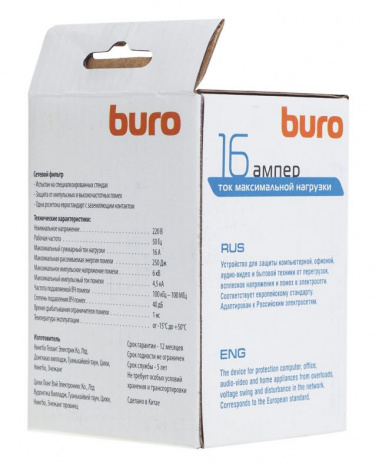 Сетевой фильтр Buro 1р (белый) (100SH-plus-w) - фото в интернет-магазине Арктика
