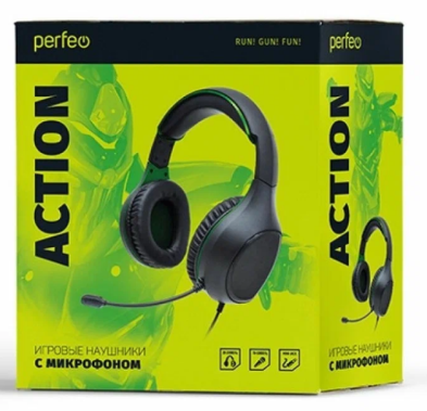 Наушники+микрофон Perfeo "ACTION" (PF-A4476) (черно-зеленые) - фото в интернет-магазине Арктика