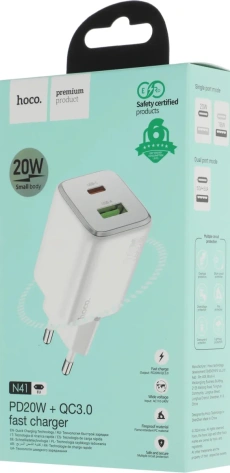 Зарядное устройство сетевое Hoco N41 20W White (PD+QC+AFC) USB/USB Type-C - фото в интернет-магазине Арктика
