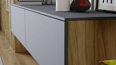 Гостиная "Порто" ТД-393.03.11 тумба ТВ (Яблоня Беллуно/Графит софт) - Три Я - фото в интернет-магазине Арктика