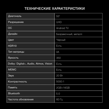 Телевизор Hyundai H-LED55BU7009 UHD Smart TV (Android) - фото в интернет-магазине Арктика
