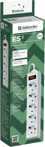 Сетевой фильтр Defender 5p ES / 3.0 м (белый) - фото в интернет-магазине Арктика
