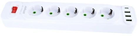 Удлинитель Amper JH-1083U-2W 2,0м, 5 розеток, 10А, 2500 Вт, 3usb,1Type-C, белый - фото в интернет-магазине Арктика