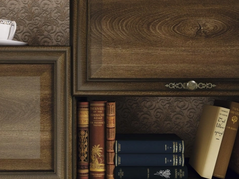 Гостиная "Габриэлла" 06.87 шкаф комбинированный (дуб кальяри/ПВХ Дуб коньяк/профиль дуб кальяри патина/ стекло св. с песк/латунь) - Олмеко - фото в интернет-магазине Арктика