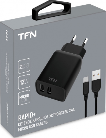 Зарядное устройство TFN Rapid USB 2.4A+кабель MicroUSB black (TFN-WCRPD12W2U01) - фото в интернет-магазине Арктика