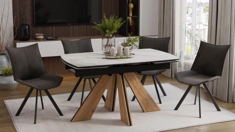 Стол обеденный "Палмер" тип 1 (черный муар/дуб галифакс нат/керамика матовая белый мрамор) - Три Я - фото в интернет-магазине Арктика