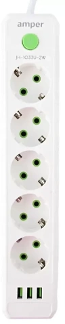 Удлинитель Amper JH-1033U-2W 2,0м, 5 розеток, 10А, 2500 Вт, 3usb, белый - фото в интернет-магазине Арктика
