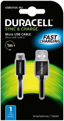 Кабель Duracell MicroUSB 1m TPU Fast charging black USB5013A-RU - фото в интернет-магазине Арктика