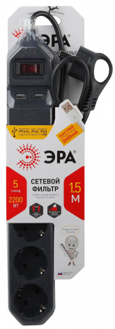 Сетевой фильтр ЭРА USF-5es-1.5m-USB-B - фото в интернет-магазине Арктика