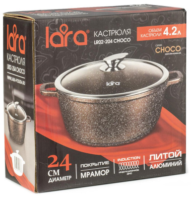 Кастрюля LARA серия CHOCO 24х11см, 4.2л, LR02-204 мрамор, капсулированное, индукц. дно, крышка - Ларина - фото в интернет-магазине Арктика