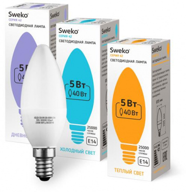 Лампа светодиодная Sweko 5W E14 C35 4000K 410lm серия 42 - фото в интернет-магазине Арктика