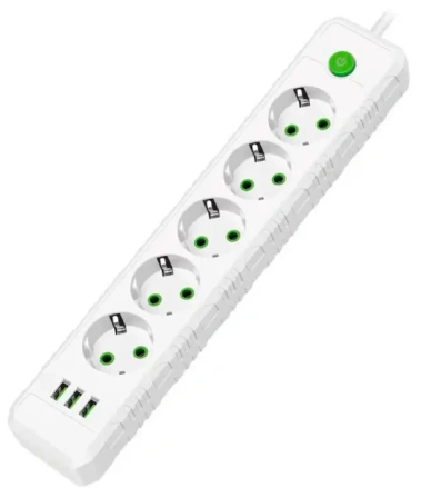 Удлинитель Amper JH-1033U-2W 2,0м, 5 розеток, 10А, 2500 Вт, 3usb, белый - фото в интернет-магазине Арктика
