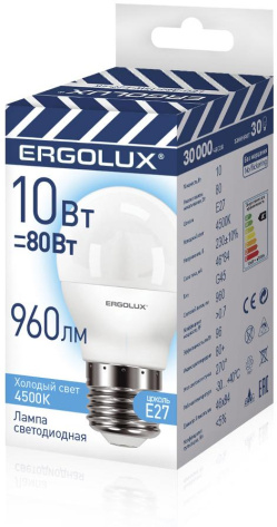Лампа светодиодная Ergolux LED-G45-10w-E27-4K - фото в интернет-магазине Арктика