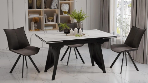 Стол обеденный "Шелдон" тип 1 (черный муар/керамика матовая белый мрамор) - Три Я - фото в интернет-магазине Арктика